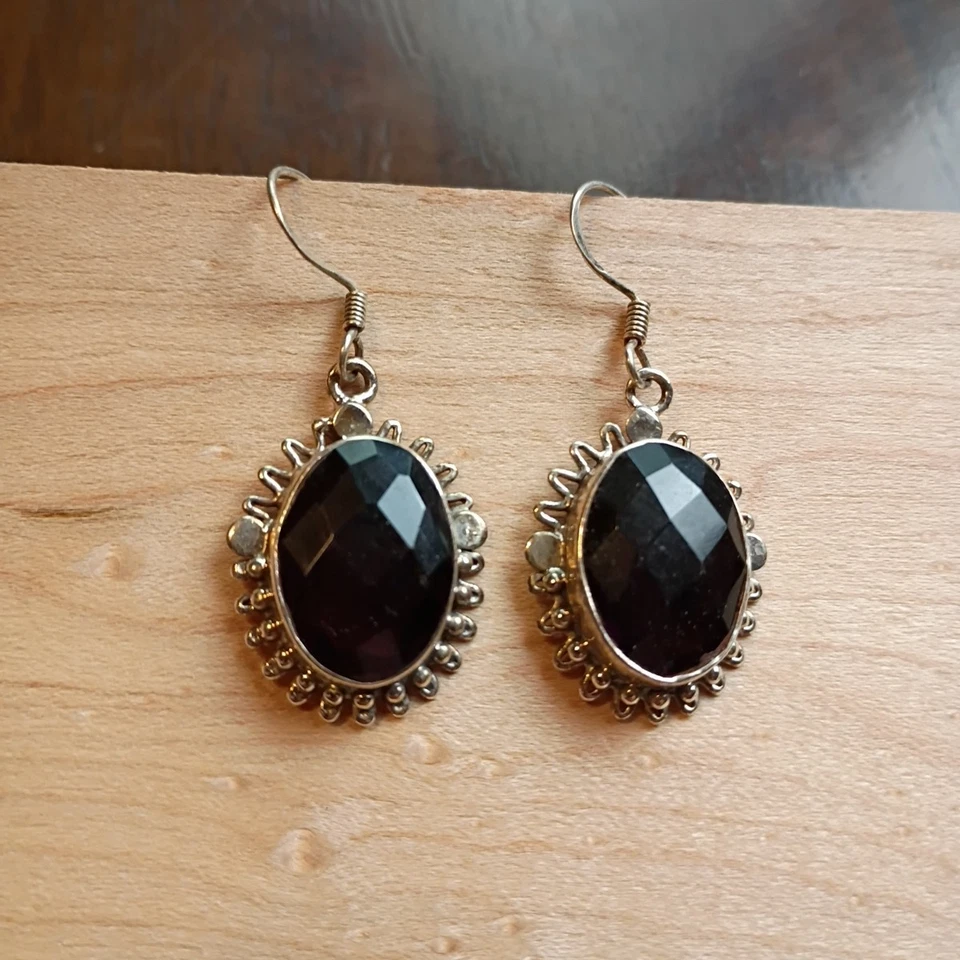 Dark Purple Black 925 Gemstone Pierced Earrings Vintage - Image 2 of 4