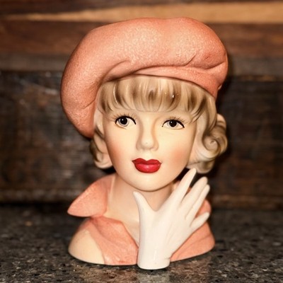Vintage Relpo Lady Head Vase K1694/S Blonde Teen in Salmon Pink Near Mint Marked