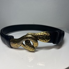 Chicos Hook Belt Hammered Brass Black Leather Small/Medium Adjustable