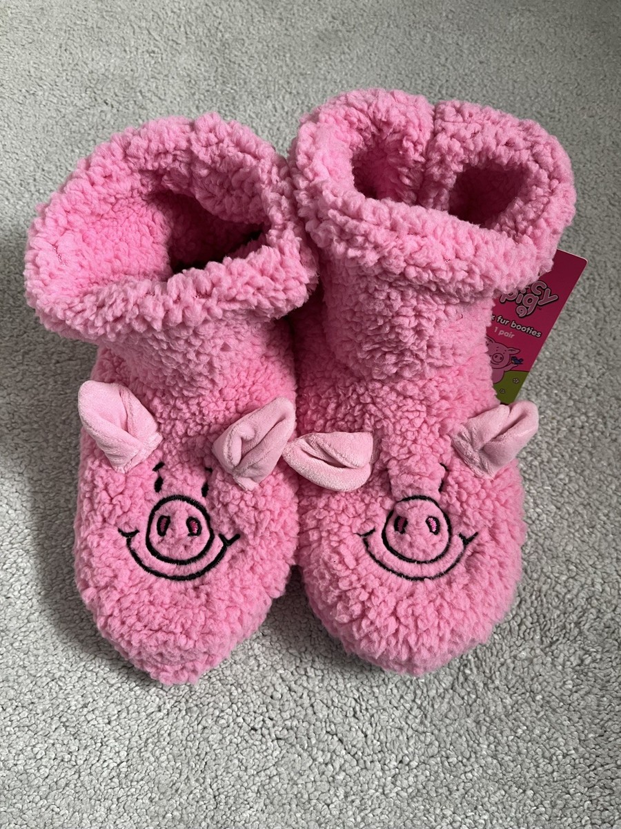 Percy Pig M&S Women's Faux Fur Slippers Booties Pink socks Size