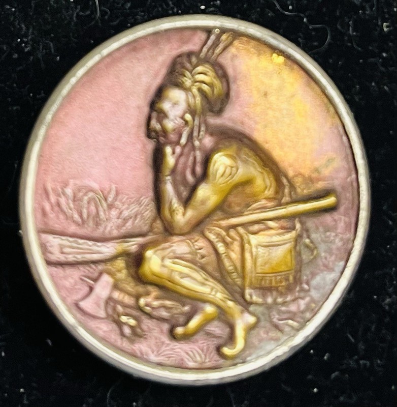 Ex Rare Antique Tinted AMERICAN INDIAN BRASS button,Ca., LATE 1880s/1890s