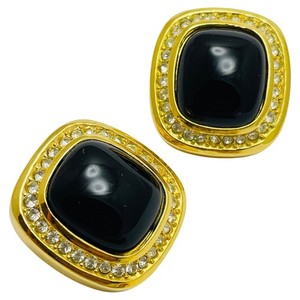 Authentic CHRISTIAN DIOR vintage gold plated crystals black cab designer clip on earrings