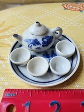 Vtg 7pc Dollhouse Miniature Mini Asian Tea Set Blue  White Teapot Tray 4 Cups