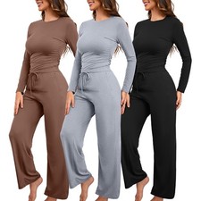 2 Pack Women Pajama Set Long Sleeves Pants Nightwear Tops Bottom Soft Sleepwear