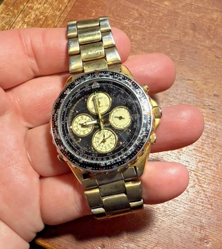 Vintage Seiko Flightmaster 6A09 Chronograph Wristwatch Gold-Tone (READ)