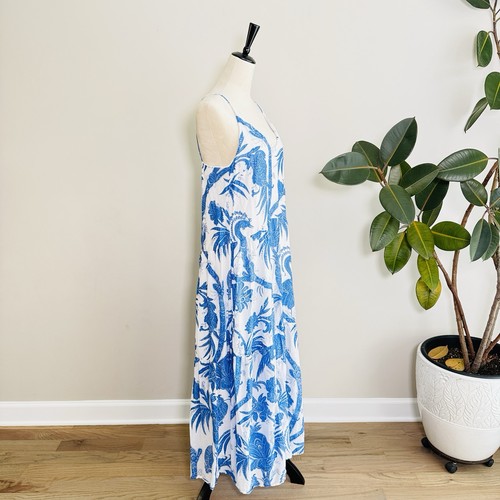 Maxi Vestido H&M Azul y Blanco Estampado Tropical Correa Espagueti, Estilo Boho Resort S - Imagen 6 de 9