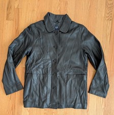VINTAGE Gap Leather Jacket Youth Girls XL Black Fleece Lined Genuine Solid Y2K