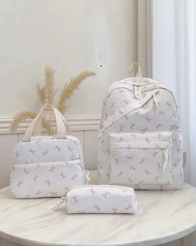 3pcs Backpack & Lunch Bag Set| Back To School Backpack With Bow Print & Lunchbag