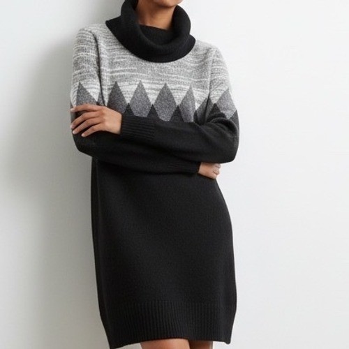 By & By Womens Gray Black Argyle Cowl Neck Long Sleeve Sweater Dress Large