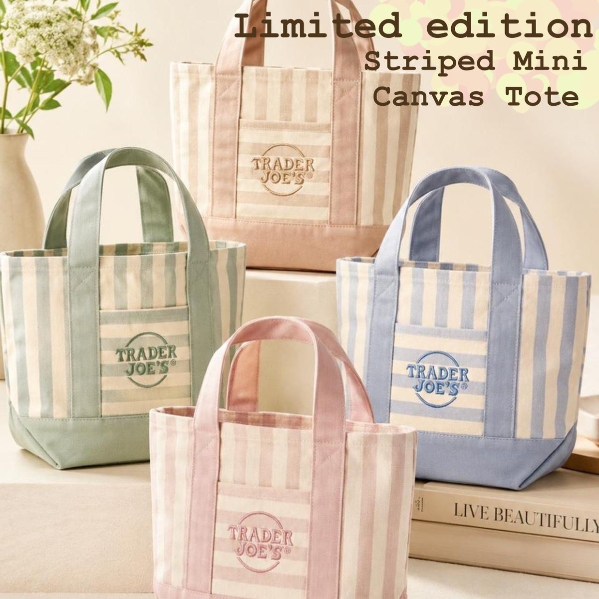 NWT Limited Edition Trader Joe's Striped Mini Canvas Tote Bag set