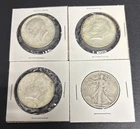 Kennedy & Walking Liberty Half Dollars Lot Of 4 90% Constitutional Silver Coins