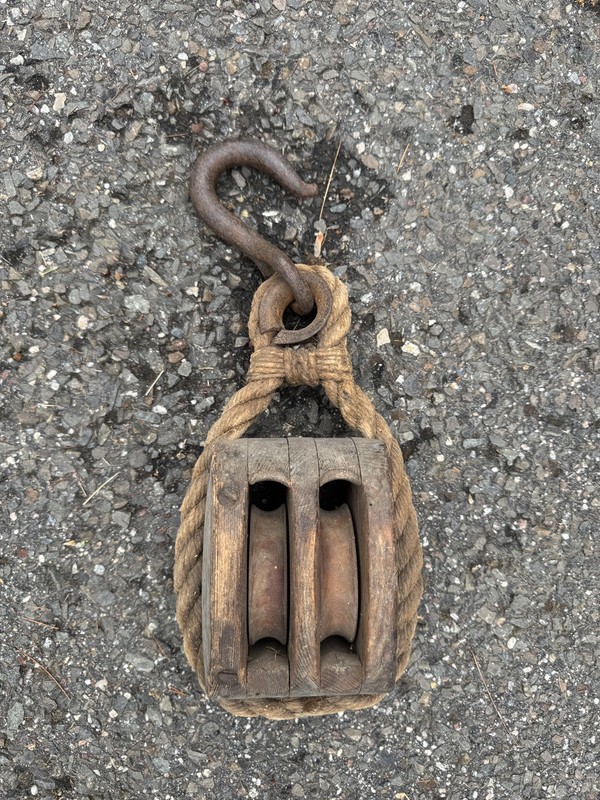 Antique Maritime Wooden Double Sheave Ship Block Tackle Pulley Iron Hook