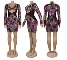 Women Beautiful  Party Sparkle Long Sleeve Mesh Patchwork Holiday Mini Dress #P