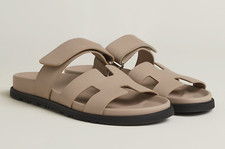 Hermes Chypre Sandal Beige Mastic Leather Black Logo Strap Slide Slip On Flat 42