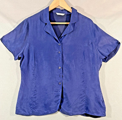 St. Michael Womens UK 14/US 12 Button Up Top Blouse Shirt Navy 100% Cupro EUC