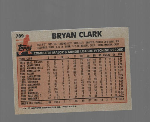 Bryan Clark 1983 Topps #789 Seattle Mariners - Picture 2 of 2