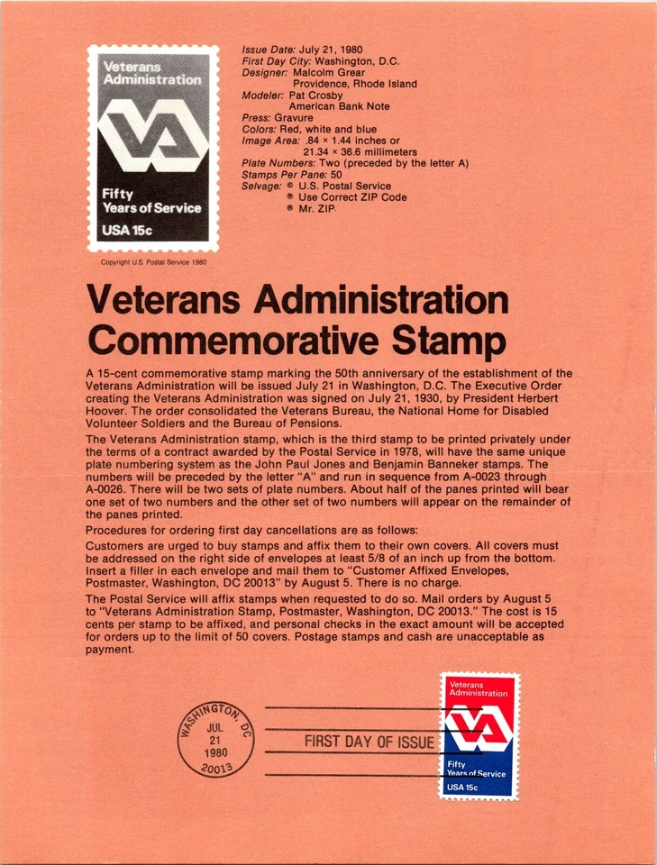 USPS FDC Souvenir Sheet Veterans Administration VA Stamp Scott #1825 - Image 2 of 2