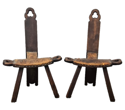 PAIR Primitive 1800's Hand Carved 30'' Birthing Chair 3-legs Stools Leather Seat