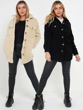 Womens Borg Shirt Jacket Ladies Shaket Cream Black Size 8 10 12 14 16 Coat
