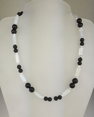 Natursteinkette Lava Achat Perlen weiß schwarz 925 Silber Damen Frauen Edelstein