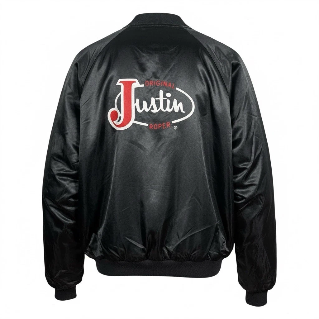 VTG Justin Men’s L Satin Style Bomber Jacket Black Logo Back Print Western USA
