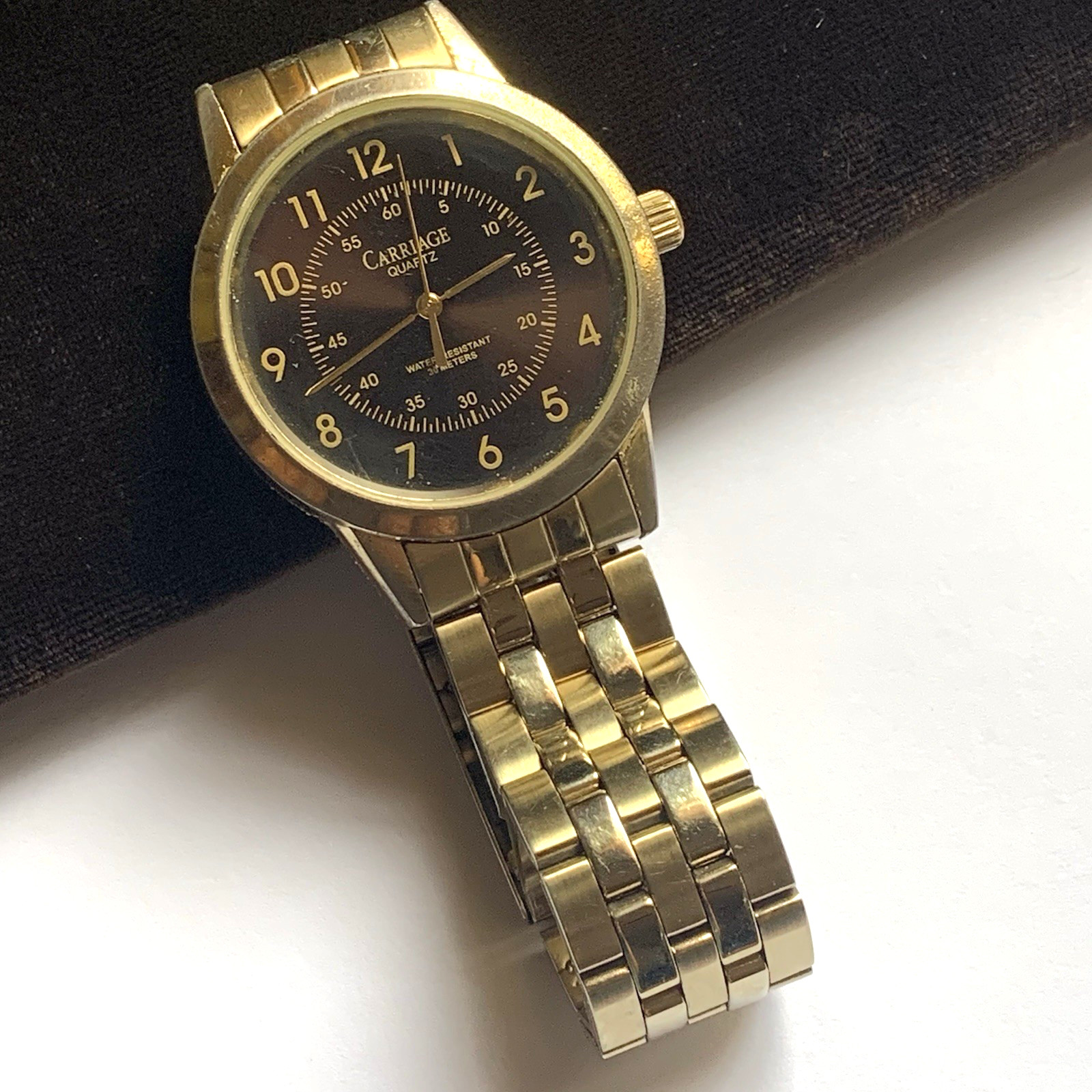 Vintage Gold Tone Men's CARRIAGE by TIMEX Quartz Watch Dark Brown Dial WORKS