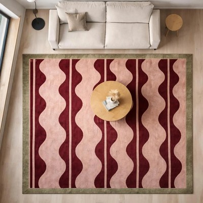 Hand-Tufted Wool Rug: Blush Pink Geometric Design with Olive Green Border