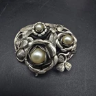 Silver Tone Faux Pearl Flower Brooch Large Oval Vintage Costume Jewelry