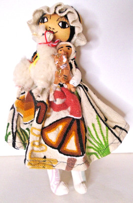 Vintage Embroidered Peruvian Folk Art Doll Handmade, with 2 Babies, Llama