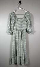 Gingham Dress Womens Medium Green White Cottagecore Peasant Smocked Spring