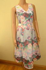 New Yumi Floral Striped Lace Fit & Flare Dress Sz UK 10