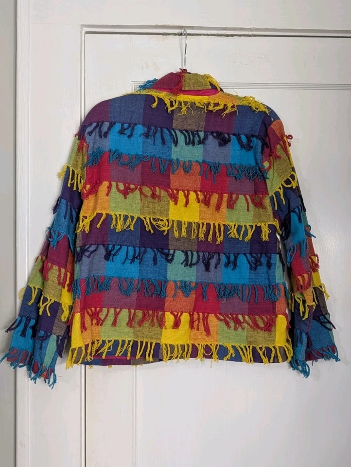 Vintage 90s Rainbow Patchwork Fringe Jacket M “Don’t Mess With Texas” India Rare - Image 3 of 4