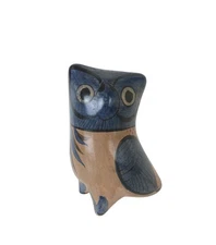 Vintage Tonala Owl Art Pottery Mexico Figurine 5" Blue & Brown 1970s CUTE!