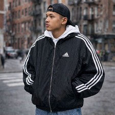 Vintage 90s Adidas Black 3 Stripe Hooded Jacket men XL embroidered mountain logo