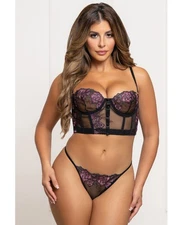 Seven ’til Midnight Queen Floral Lace Mesh Underwire Bustier Bra Set Purple/Blac