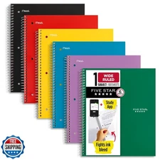 Five Star Spiral Notebook + Study App, 6 Pack, 1 Subject, Wide Ruled Paper, 8
