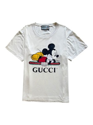 Gucci x Disney Herren T-Shirt M Creme mit Mickey Mouse Print Baumwolle Pre Owned