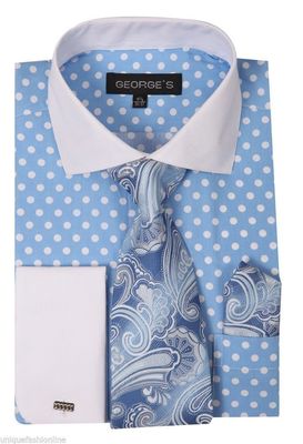 Men's French Cuff Dress Shirt with Polka Dot Design 3 Pieces Set Blue Size 15~20