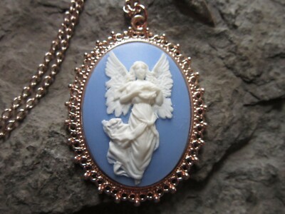 ASCENDING ANGEL CAMEO ROSE GOLD TONE NECKLACE - RELIGIOUS - HANDMADE