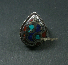 R16 Handmade size 8 Turquoise Coral Resin Tibetan Silver Adjustable Ring Nepal