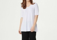 H Halston Essentials Elbow-Sleeve V-Neck Tunic w/ Wide Side Slits White Large