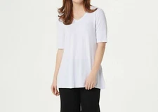 H Halston Essentials Elbow-Sleeve V-Neck Tunic w/ Wide Side Slits White Large