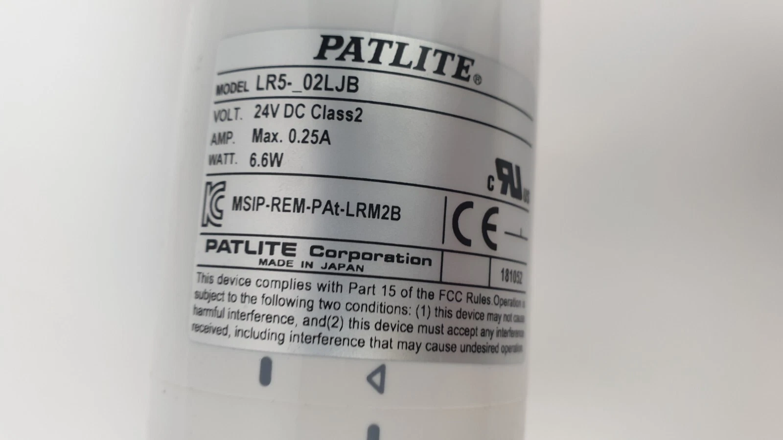 Close-up of PATLITE LR5-_02LJB rating label with cULus, CE and KC marks