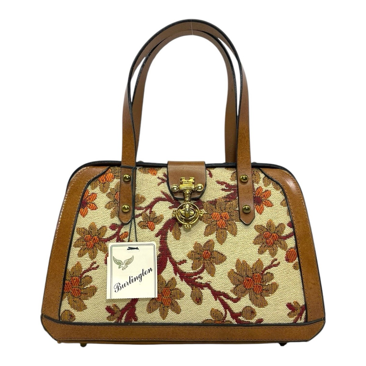 Vintage 50s 60s BURLINGTON Tapestry Leather Frame Satchel Bag
