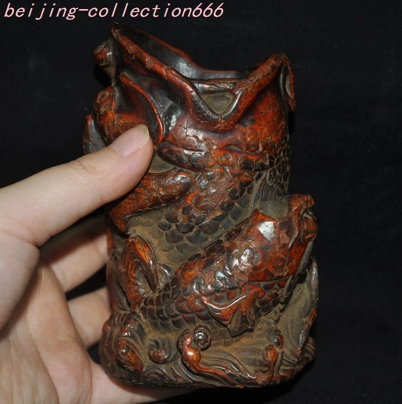 4.2"China Dynasty palace old amber Carved fengshui fish brush pot pencil vase - Image 2 of 4
