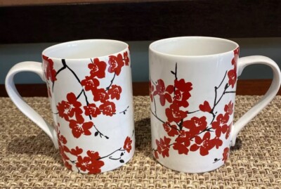 222 Fifth Mia Blossom Red Set Of 2 Coffee Tea Mugs Cups 4.5 Tall 12oz Used  | eBay