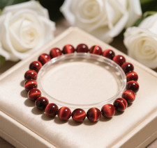 Natural Red Tiger Eye Stone Elastic Stretch Bracelet - 8mm Round Gemstone Beads