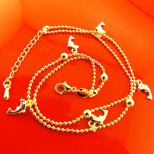Anklet XL Bracelet Real 18K Yellow Gold Filled Solid Dolphin Bead Link Design - Picture 3 of 3