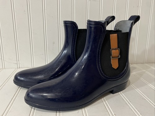 Henry Ferrera Boots Womens Sz 9 Chelsea Rain Ankle Bootie Shiny Navy W Buckle