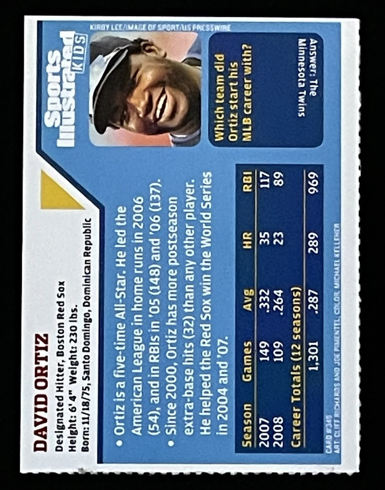 DAVID ORTIZ 2009 Sports Illustrated for Kids SI #345 MLB Boston Red Sox Big Papi - Image 2 of 2